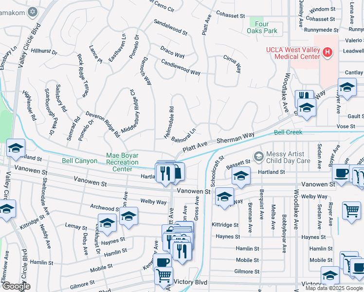map of restaurants, bars, coffee shops, grocery stores, and more near 23600 Balmoral Lane in Los Angeles