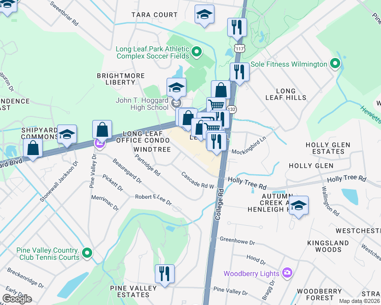 map of restaurants, bars, coffee shops, grocery stores, and more near 4469 Holly Tree Road in Wilmington