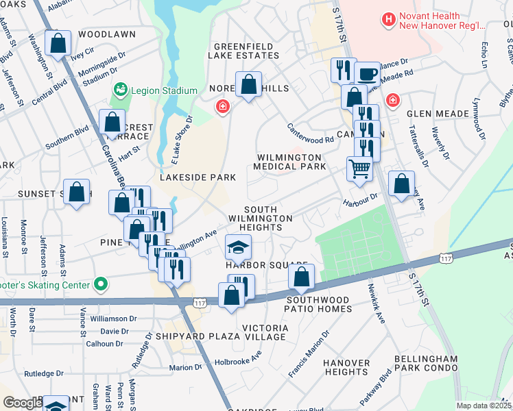 map of restaurants, bars, coffee shops, grocery stores, and more near 1406 Physicians Drive in Wilmington