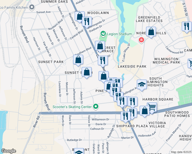 map of restaurants, bars, coffee shops, grocery stores, and more near 2348 Carolina Beach Road in Wilmington