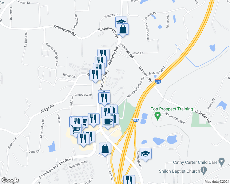 map of restaurants, bars, coffee shops, grocery stores, and more near 314 Cottonwood Creek Circle in Canton