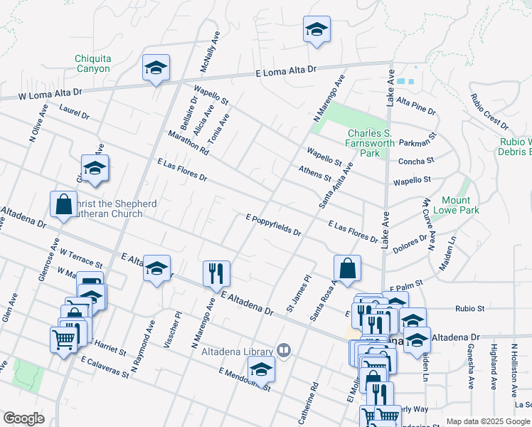 map of restaurants, bars, coffee shops, grocery stores, and more near 344 East Las Flores Drive in Altadena