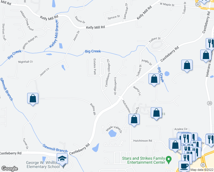 map of restaurants, bars, coffee shops, grocery stores, and more near 3324 Castleberry Village Circle in Cumming