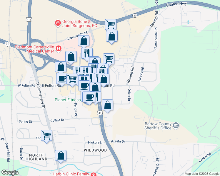 map of restaurants, bars, coffee shops, grocery stores, and more near 209 East Felton Road in Cartersville