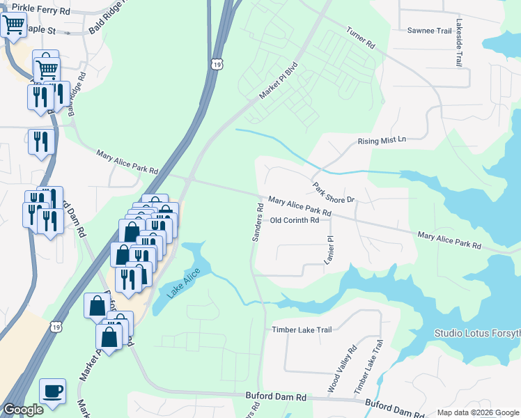 map of restaurants, bars, coffee shops, grocery stores, and more near 910 Mary Alice Park Road in Cumming