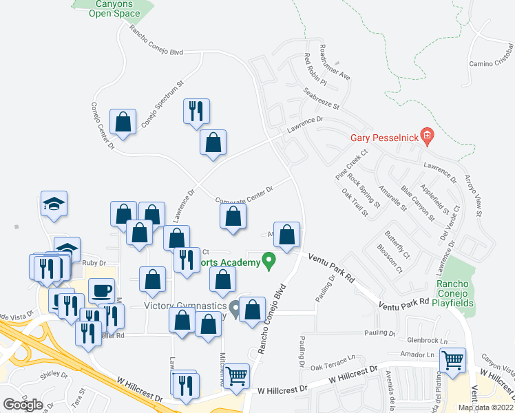 map of restaurants, bars, coffee shops, grocery stores, and more near 2100 Corporate Center Drive in Thousand Oaks