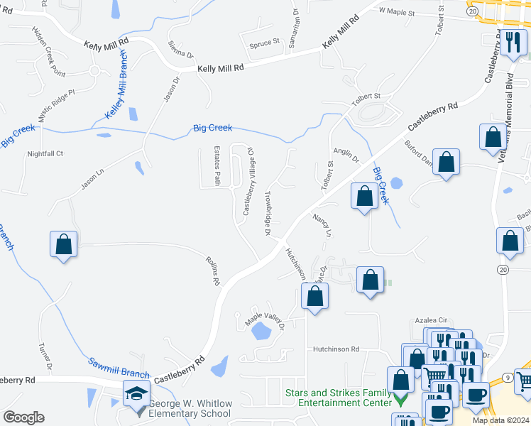 map of restaurants, bars, coffee shops, grocery stores, and more near 3325 Trowbridge Drive in Cumming