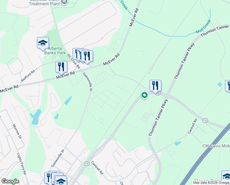 map of restaurants, bars, coffee shops, grocery stores, and more near 4695 Radford Road in Flowery Branch