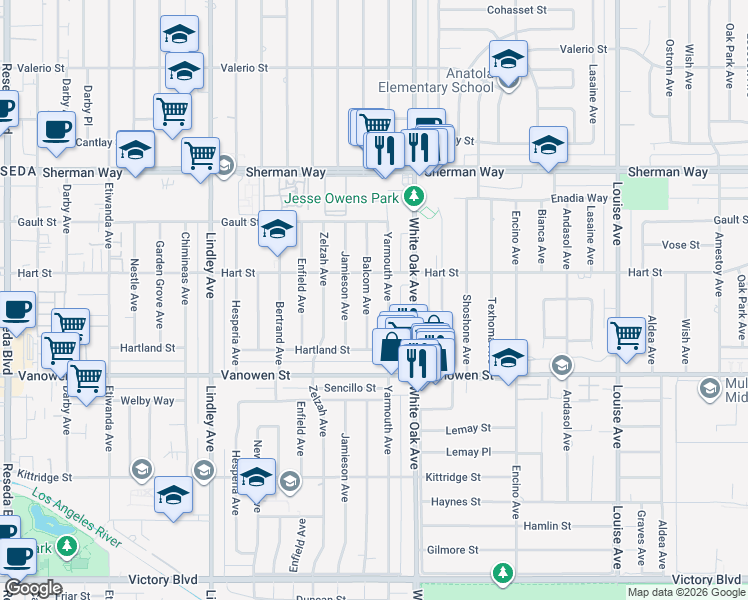 map of restaurants, bars, coffee shops, grocery stores, and more near 6949 Balcom Avenue in Los Angeles