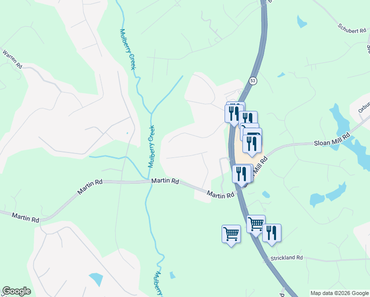 map of restaurants, bars, coffee shops, grocery stores, and more near 4075 Chestnut Drive in Flowery Branch