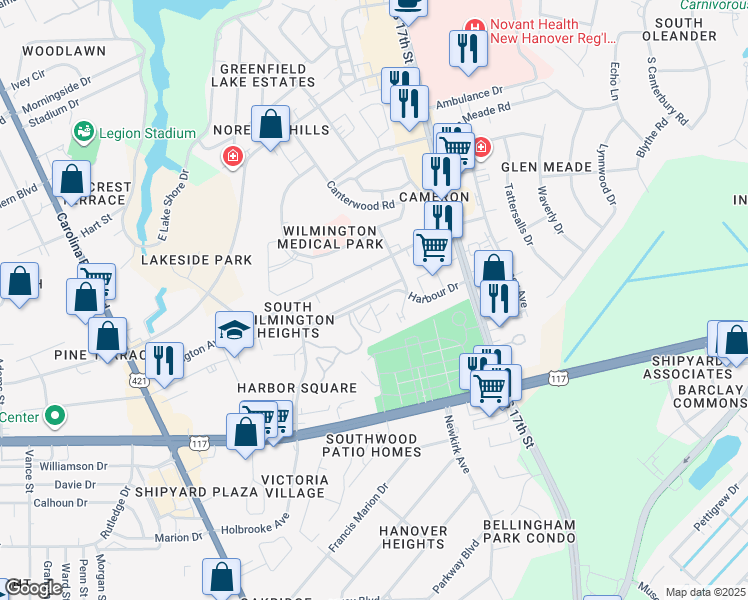 map of restaurants, bars, coffee shops, grocery stores, and more near 1408 Harbour Dr in Wilmington