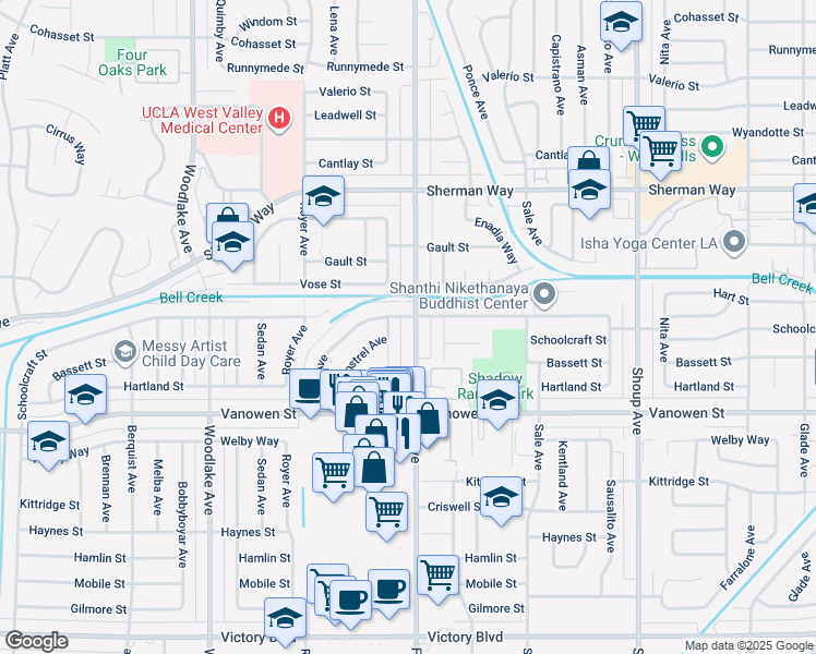 map of restaurants, bars, coffee shops, grocery stores, and more near 6933 Fallbrook Avenue in Los Angeles