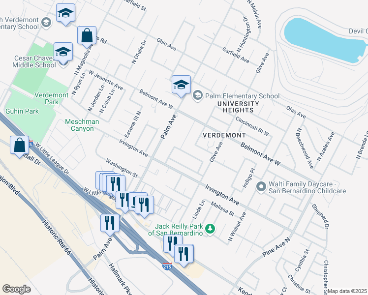 map of restaurants, bars, coffee shops, grocery stores, and more near 2966 Split Mountain Lane in San Bernardino