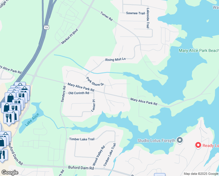 map of restaurants, bars, coffee shops, grocery stores, and more near 1130 South Rudder Road in Cumming