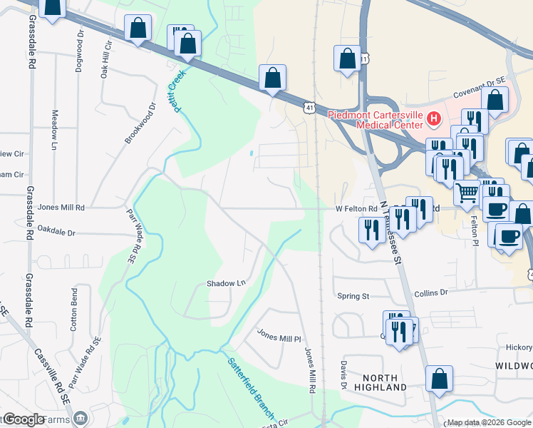 map of restaurants, bars, coffee shops, grocery stores, and more near 120 West Felton Road in Cartersville