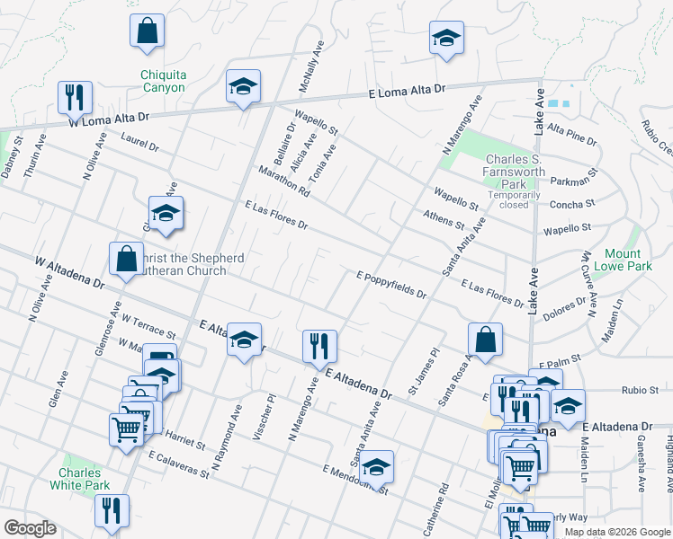 map of restaurants, bars, coffee shops, grocery stores, and more near 268 East Poppyfields Drive in Altadena