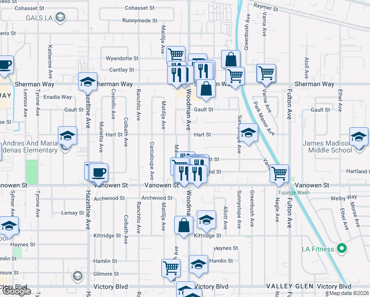 map of restaurants, bars, coffee shops, grocery stores, and more near 6925 Woodman Avenue in Los Angeles