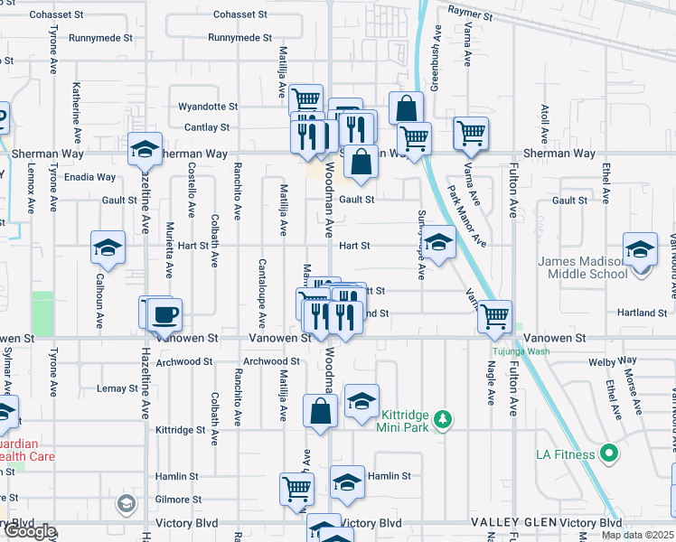 map of restaurants, bars, coffee shops, grocery stores, and more near 6924 Woodman Avenue in Los Angeles