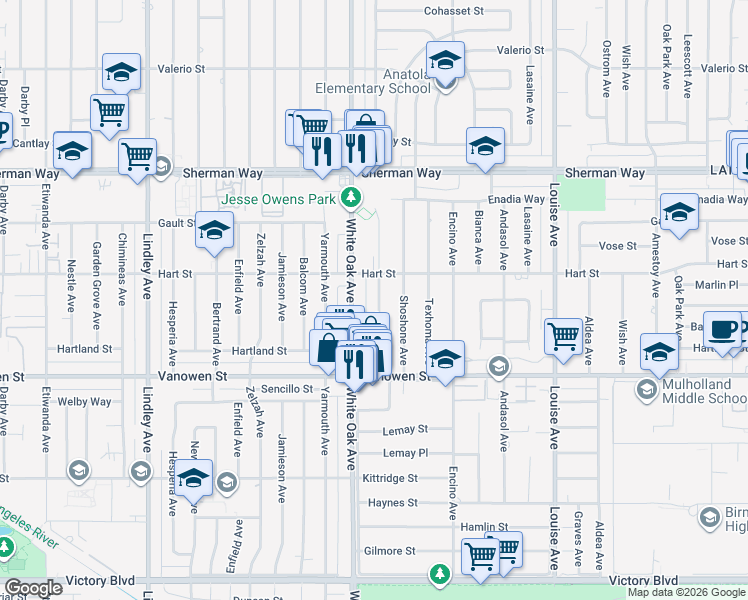 map of restaurants, bars, coffee shops, grocery stores, and more near 6933 Jellico Avenue in Los Angeles