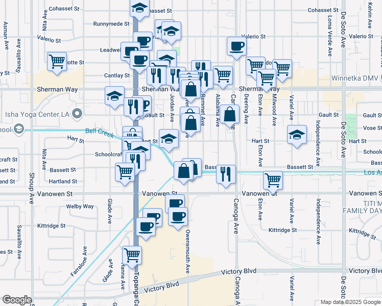 map of restaurants, bars, coffee shops, grocery stores, and more near 6941 Owensmouth Avenue in Los Angeles