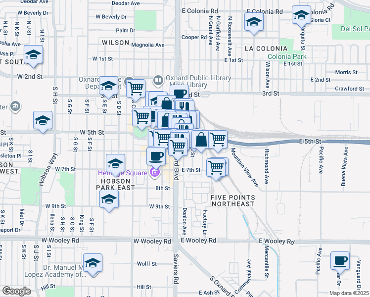 map of restaurants, bars, coffee shops, grocery stores, and more near 131 East 6th Street in Oxnard