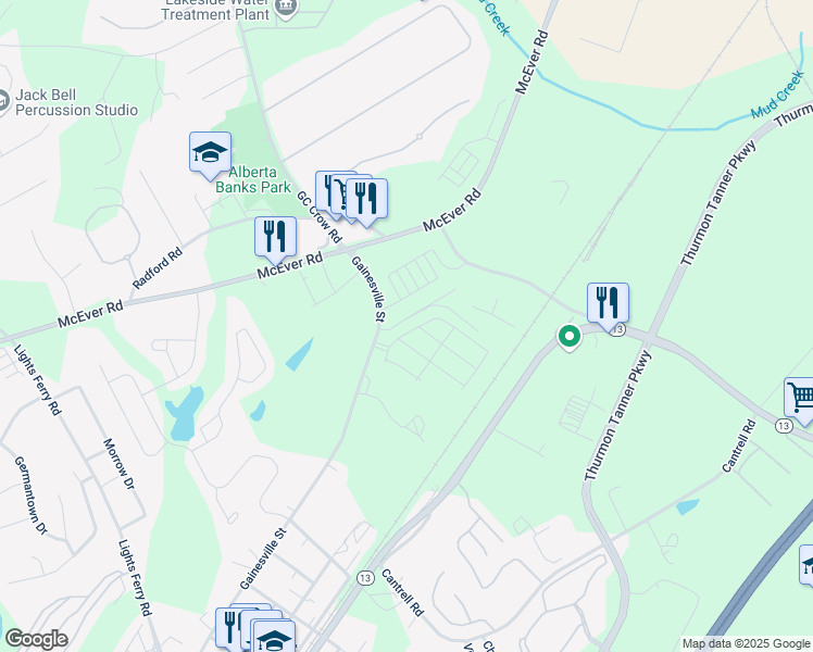 map of restaurants, bars, coffee shops, grocery stores, and more near 5245 Frontier Court in Flowery Branch
