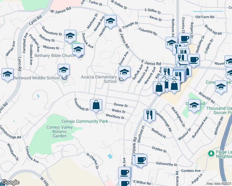 map of restaurants, bars, coffee shops, grocery stores, and more near 52 West Norman Avenue in Thousand Oaks