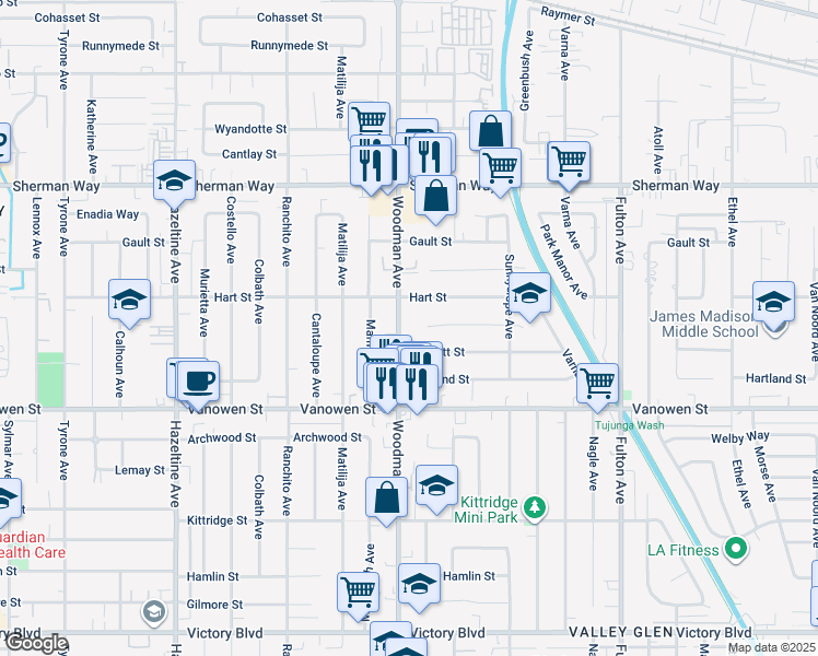 map of restaurants, bars, coffee shops, grocery stores, and more near 6954 Woodman Avenue in Los Angeles