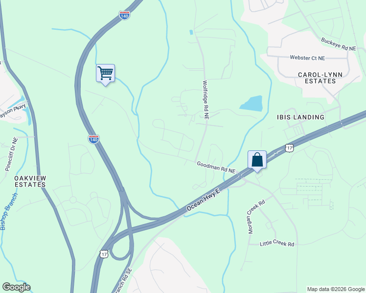 map of restaurants, bars, coffee shops, grocery stores, and more near 109 Wolfridge Road Northeast in Leland