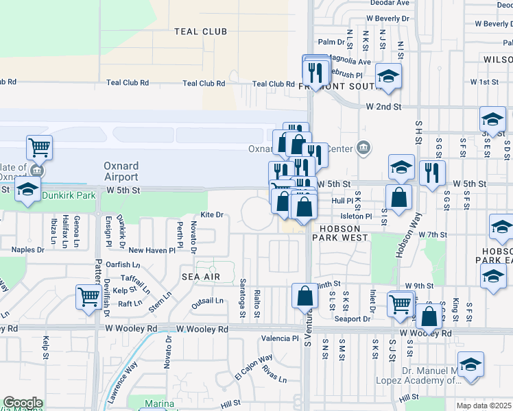 map of restaurants, bars, coffee shops, grocery stores, and more near 1600 West 5th Street in Oxnard
