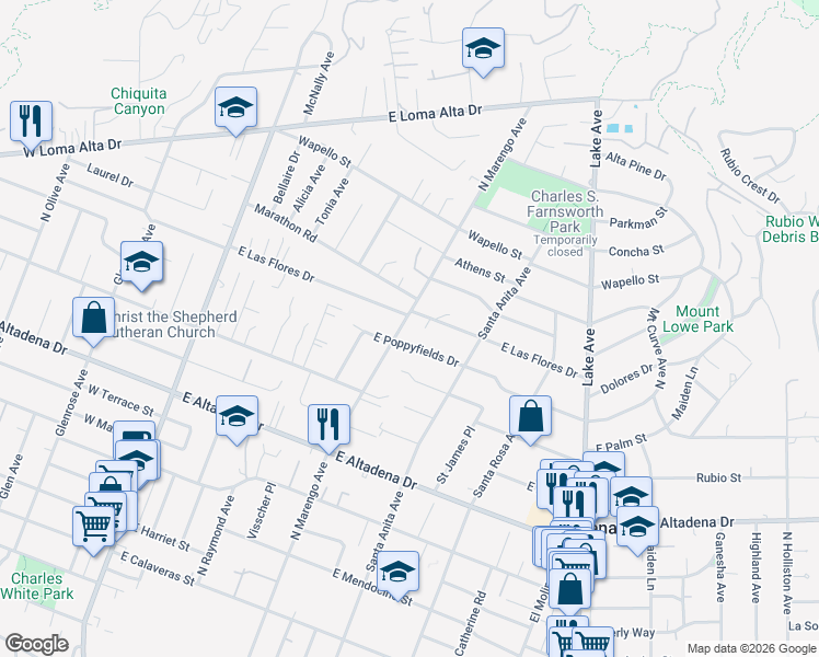 map of restaurants, bars, coffee shops, grocery stores, and more near 3050 Marengo Avenue in Altadena