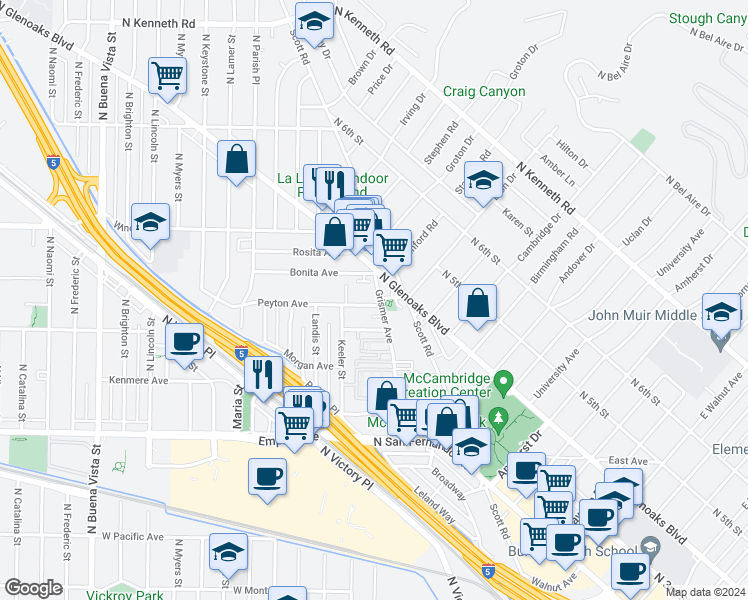 map of restaurants, bars, coffee shops, grocery stores, and more near 2025 North Glenoaks Boulevard in Burbank
