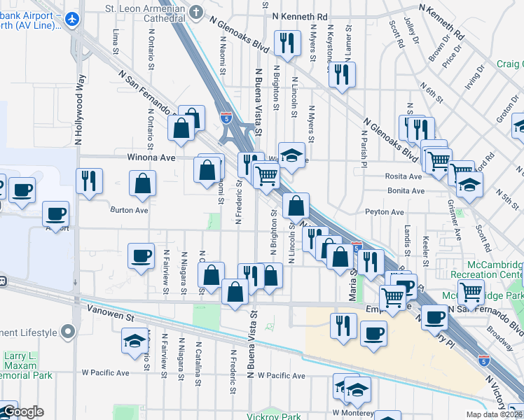 map of restaurants, bars, coffee shops, grocery stores, and more near 2243 North Buena Vista Street in Burbank
