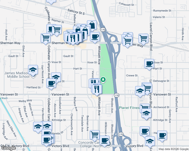 map of restaurants, bars, coffee shops, grocery stores, and more near 6943 Whitsett Avenue in Los Angeles