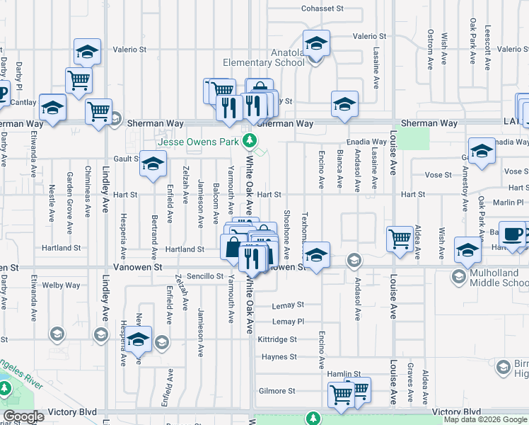 map of restaurants, bars, coffee shops, grocery stores, and more near 6947 Jellico Avenue in Los Angeles