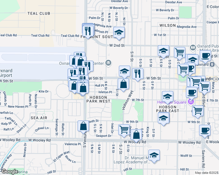 map of restaurants, bars, coffee shops, grocery stores, and more near 530 South K Street in Oxnard
