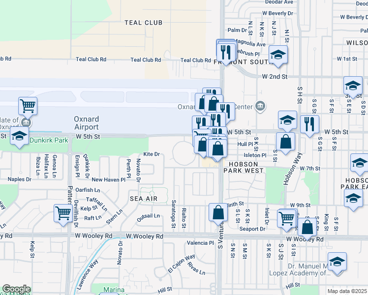 map of restaurants, bars, coffee shops, grocery stores, and more near 1600 West 5th Street in Oxnard