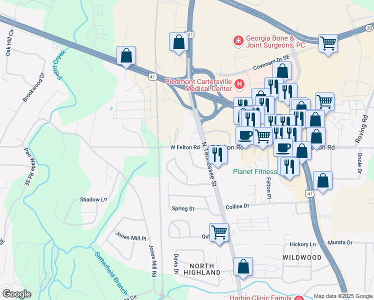 map of restaurants, bars, coffee shops, grocery stores, and more near 10 Felton Street in Cartersville