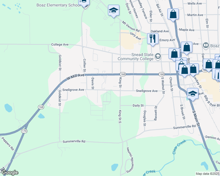 map of restaurants, bars, coffee shops, grocery stores, and more near 709 Snellgrove Avenue in Boaz