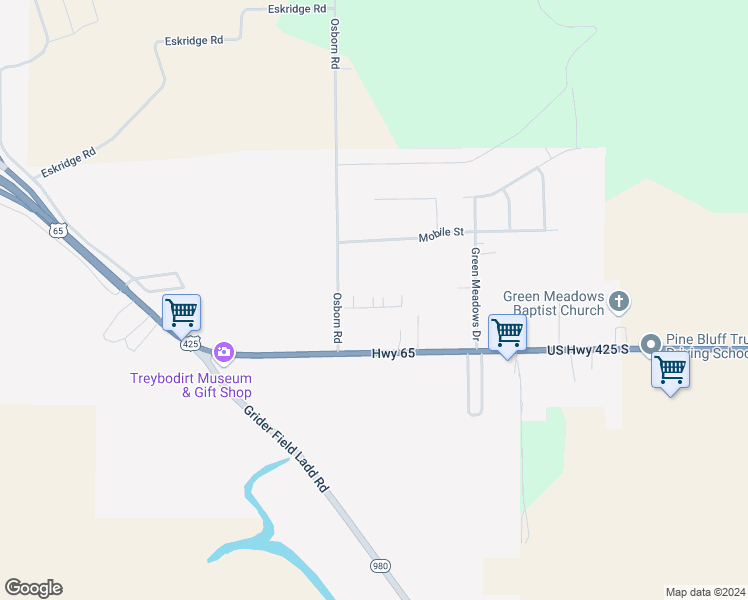 map of restaurants, bars, coffee shops, grocery stores, and more near 401 Osborn Road in Pine Bluff