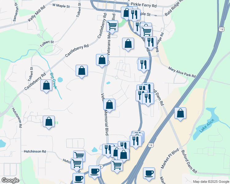 map of restaurants, bars, coffee shops, grocery stores, and more near 125 Basil Street in Cumming
