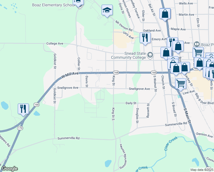 map of restaurants, bars, coffee shops, grocery stores, and more near 709 Snellgrove Avenue in Boaz