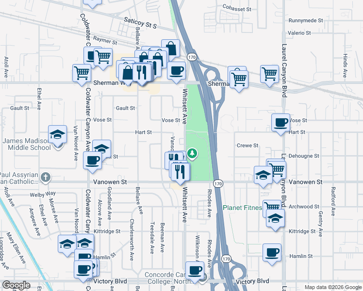 map of restaurants, bars, coffee shops, grocery stores, and more near 6929 Whitsett Avenue in Los Angeles