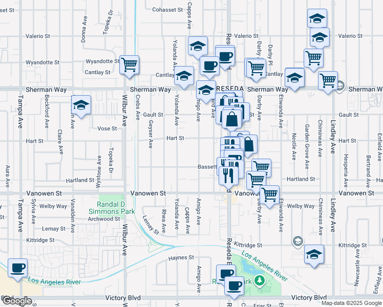 map of restaurants, bars, coffee shops, grocery stores, and more near Amigo Avenue in Los Angeles
