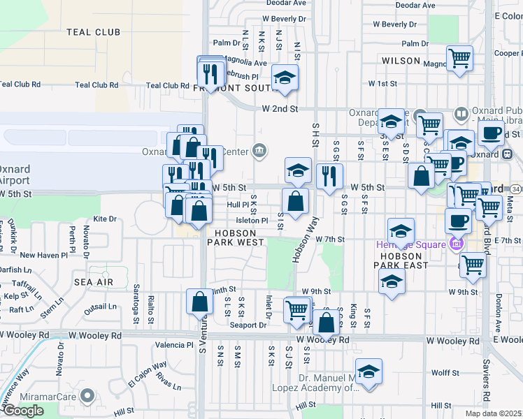 map of restaurants, bars, coffee shops, grocery stores, and more near 1110 Hull Place in Oxnard