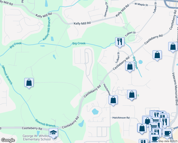 map of restaurants, bars, coffee shops, grocery stores, and more near 3325 Castleberry Village Circle in Cumming