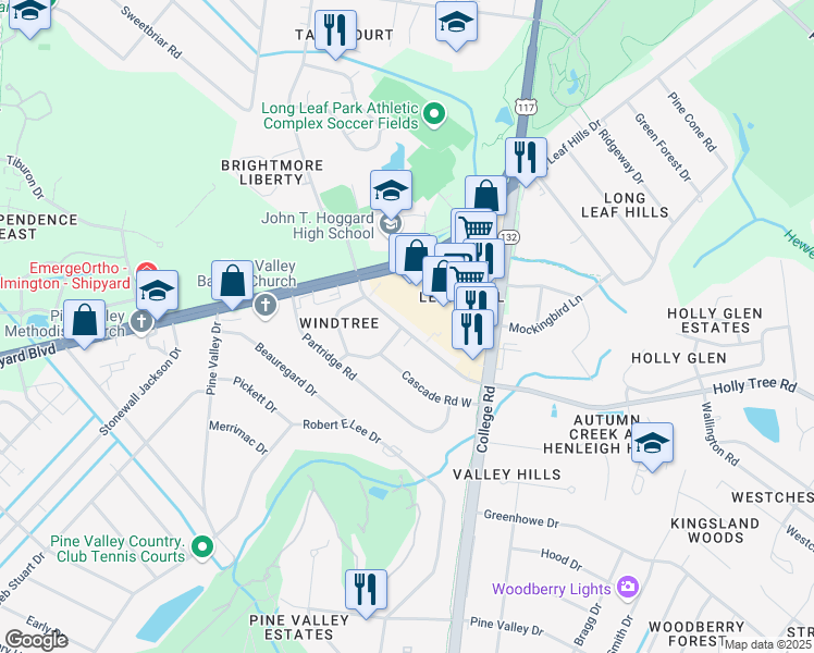 map of restaurants, bars, coffee shops, grocery stores, and more near 4505 Holly Tree Road in Wilmington