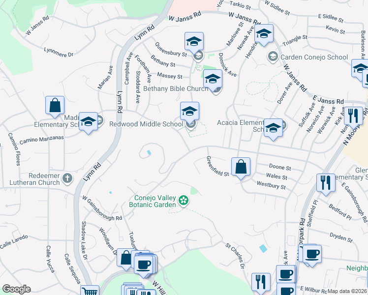 map of restaurants, bars, coffee shops, grocery stores, and more near 230 Camino Manzanas in Thousand Oaks