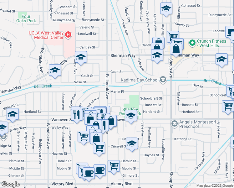 map of restaurants, bars, coffee shops, grocery stores, and more near 22726 Marlin Place in Los Angeles