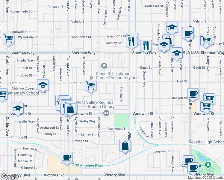map of restaurants, bars, coffee shops, grocery stores, and more near 6935 Wystone Avenue in Los Angeles